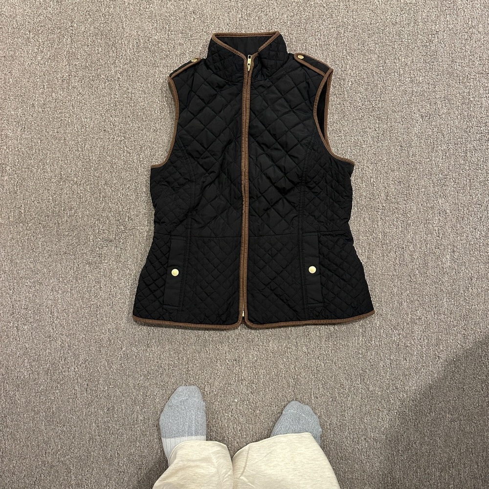 Talbots Black Quilted Vest with Brown Accents
